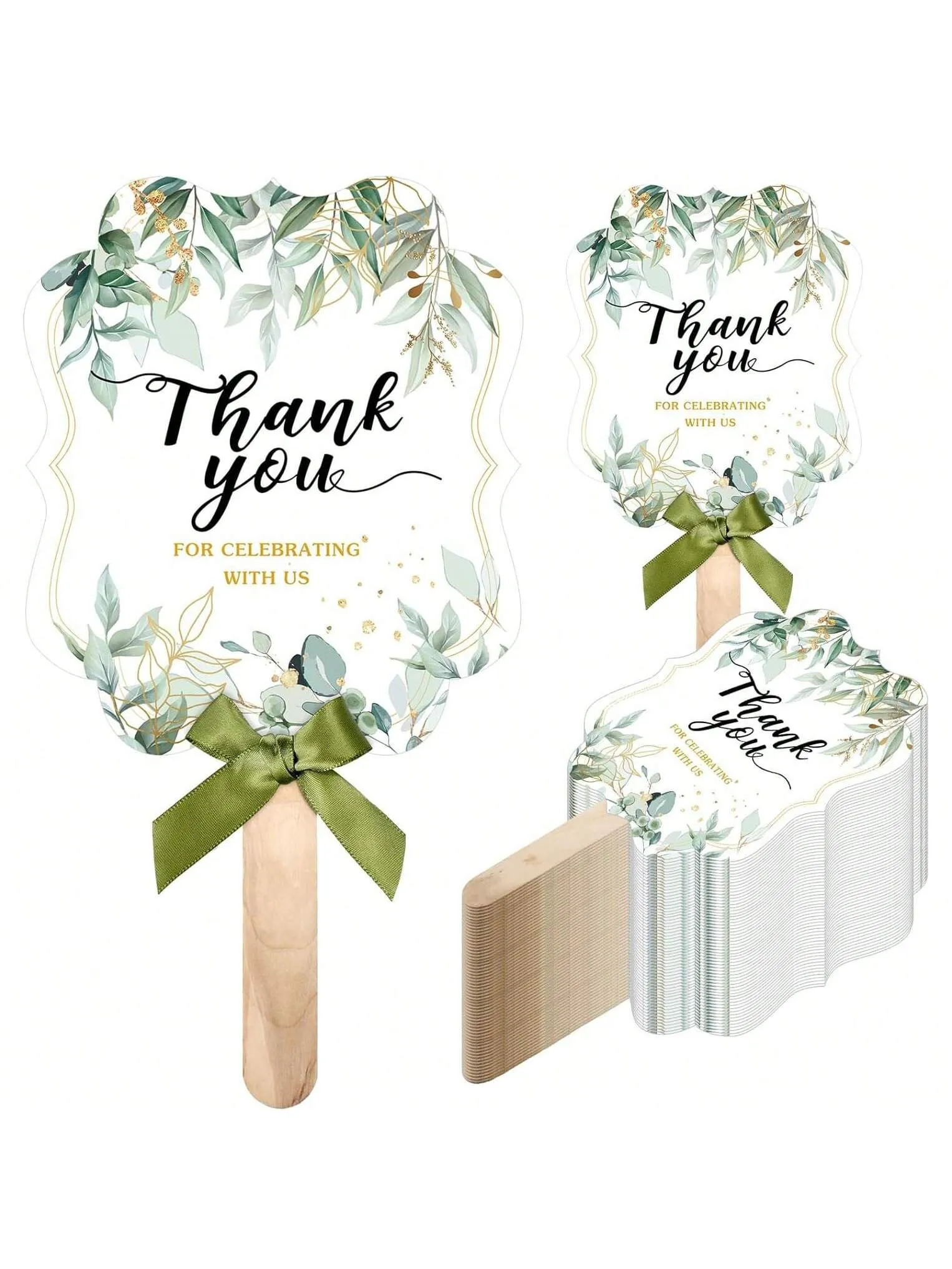 10 Sets Thank You Fans For Bridal Shower Favors Wedding Shower Birthday Party Themed Give Back Guest Gift Wedding , Wooden Fan Handles And Ribbon