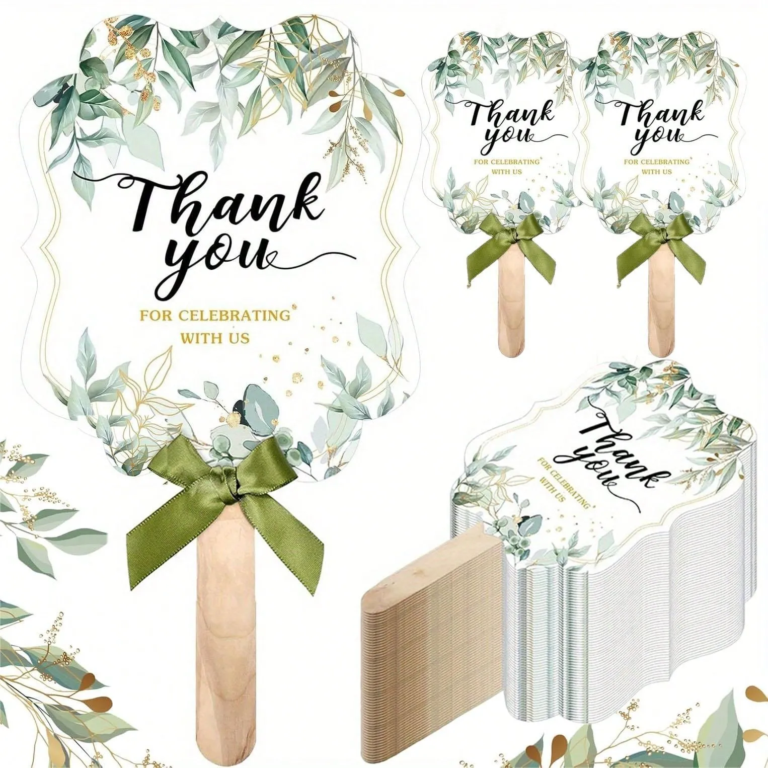 10 Sets Thank You Fans For Bridal Shower Favors Wedding Shower Birthday Party Themed Give Back Guest Gift Wedding , Wooden Fan Handles And Ribbon