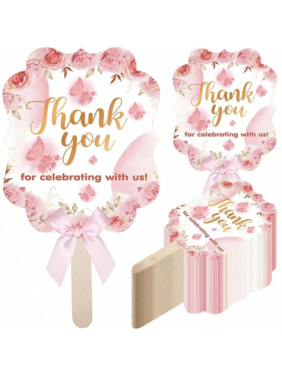 10 Sets Thank You Fans For Bridal Shower Favors Wedding Shower Birthday Party Themed Give Back Guest Gift Wedding , Wooden Fan Handles And Ribbon