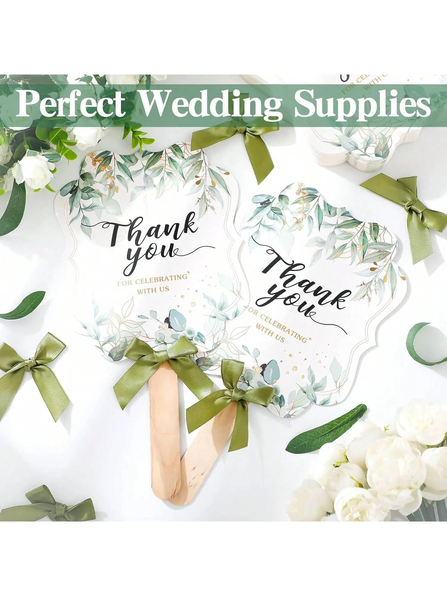 10 Sets Thank You Fans For Bridal Shower Favors Wedding Shower Birthday Party Themed Give Back Guest Gift Wedding , Wooden Fan Handles And Ribbon