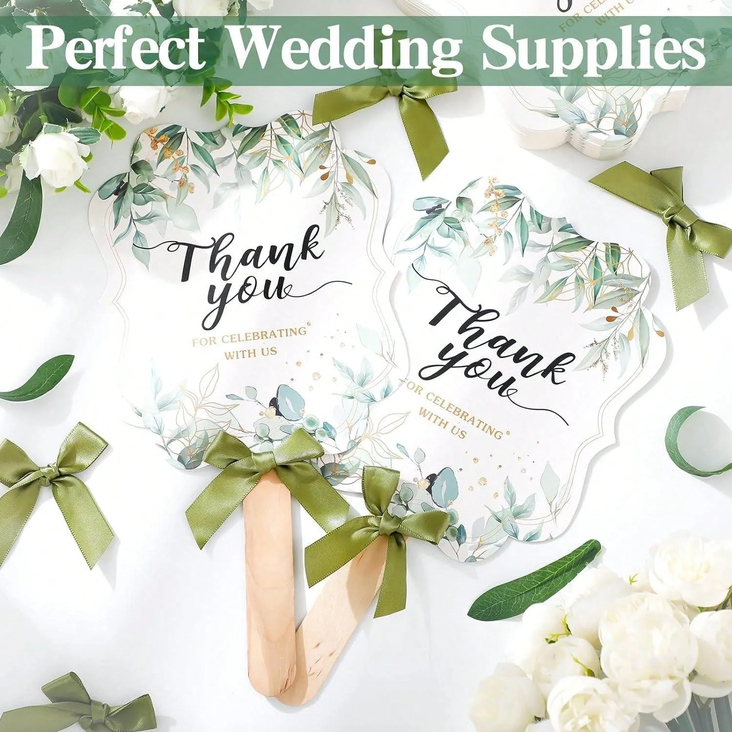 10 Sets Thank You Fans For Bridal Shower Favors Wedding Shower Birthday Party Themed Give Back Guest Gift Wedding , Wooden Fan Handles And Ribbon