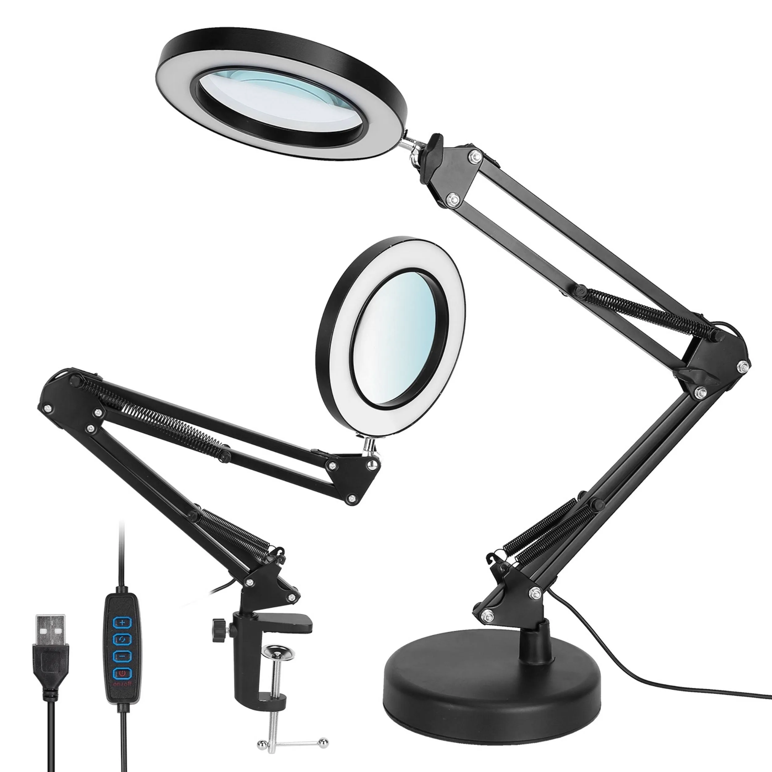 2-in-1 LED Magnifier Desk Lamp 8x with Light, Clamp Stand, Swing Arm, USB Reading Lamp. 10 Brightness, 3 Modes