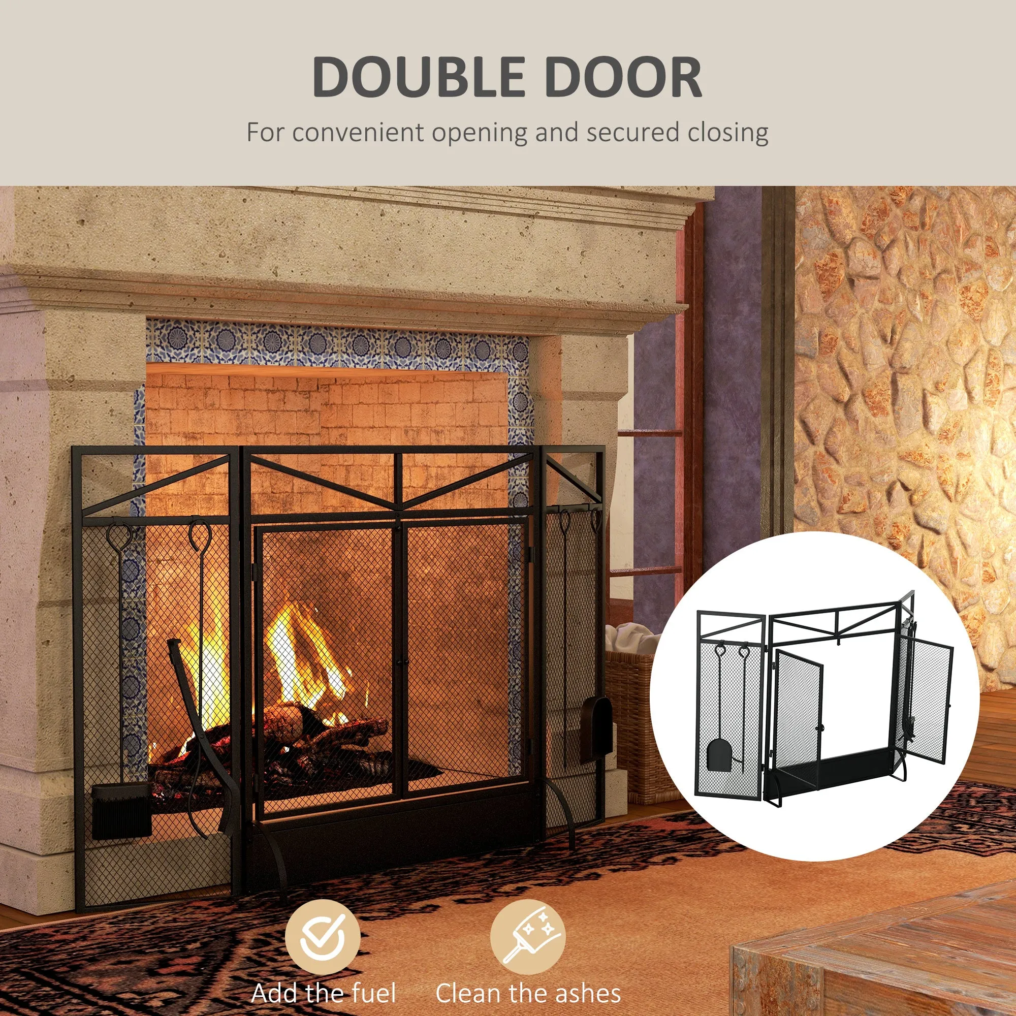 3 Panel Folding Fire Guard Screen w/ Fireplace Tool Sets, Front Doors, Freestanding Fire Screen Spark Guard w/ Feet, Black