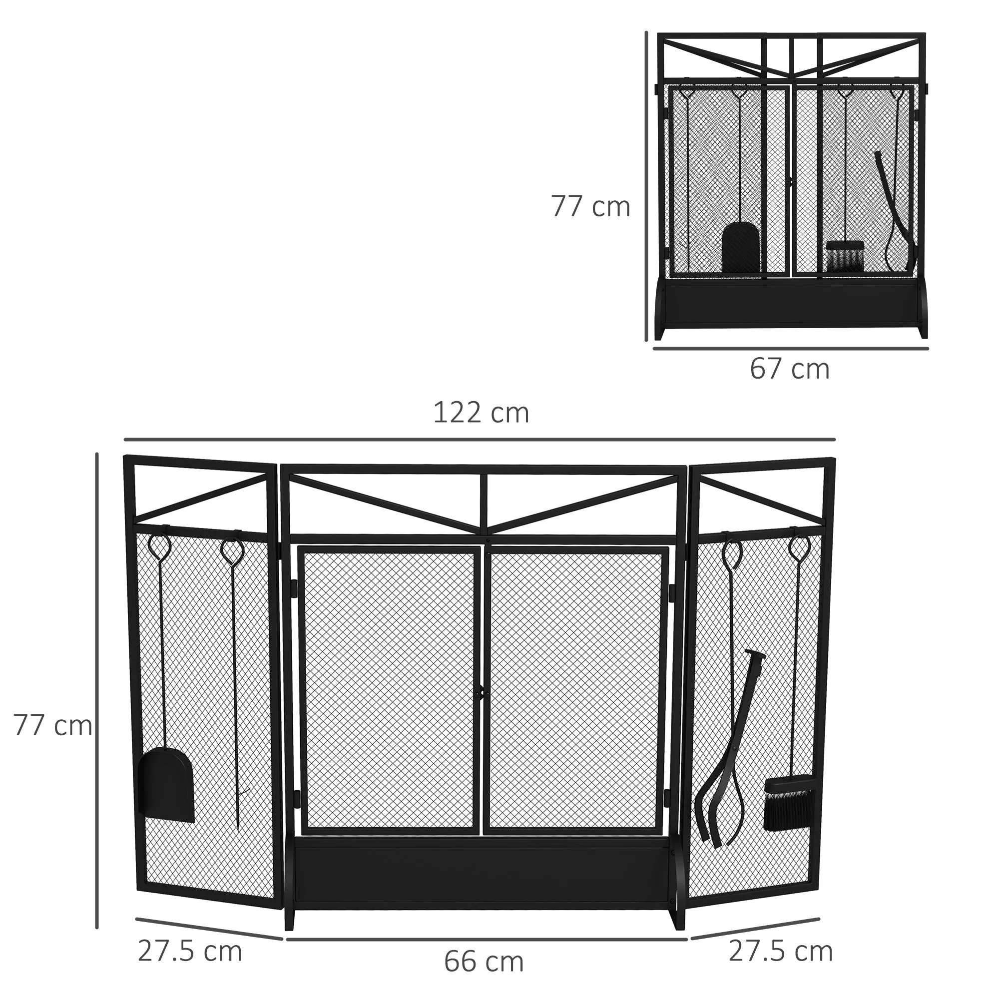 3 Panel Folding Fire Guard Screen w/ Fireplace Tool Sets, Front Doors, Freestanding Fire Screen Spark Guard w/ Feet, Black