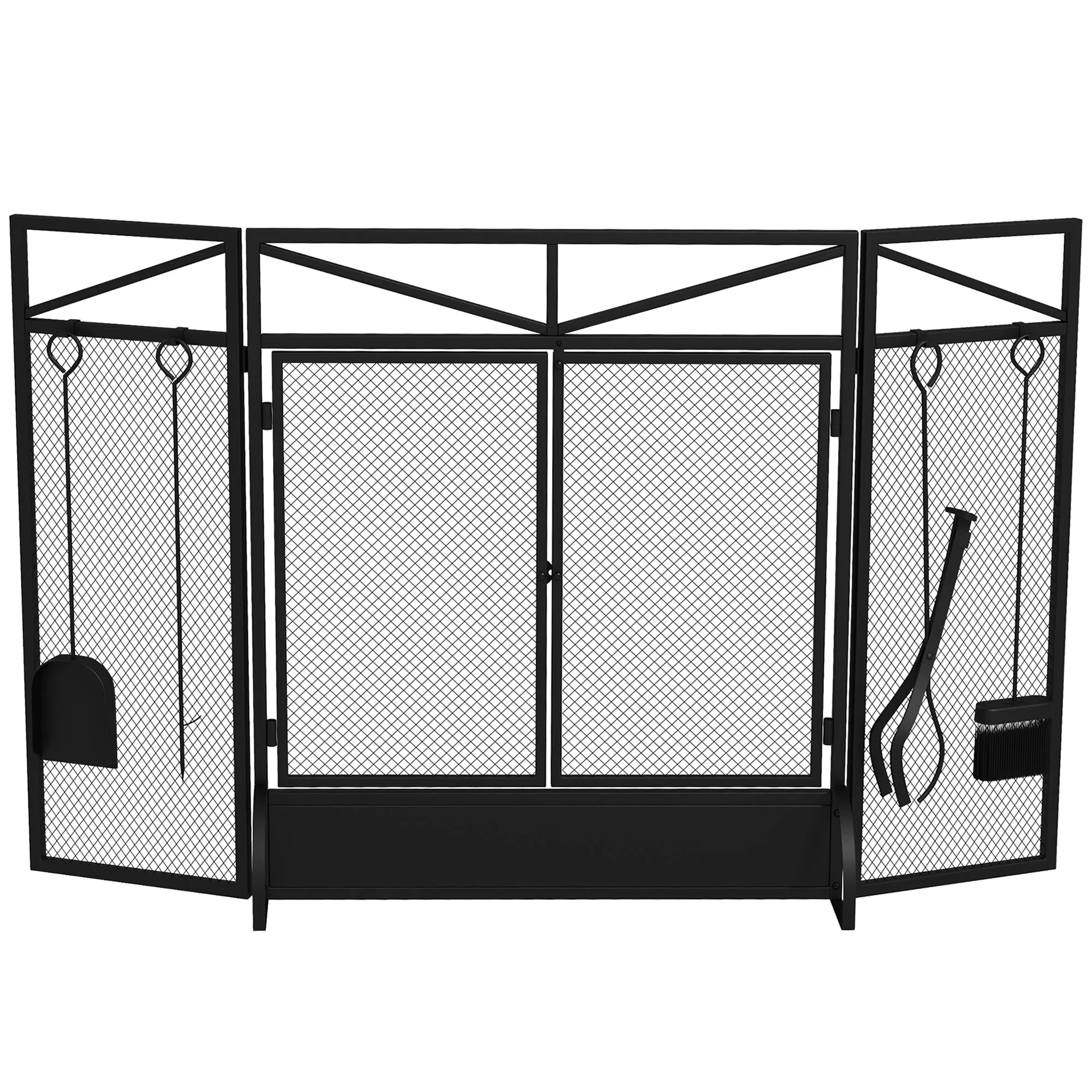 3 Panel Folding Fire Guard Screen w/ Fireplace Tool Sets, Front Doors, Freestanding Fire Screen Spark Guard w/ Feet, Black