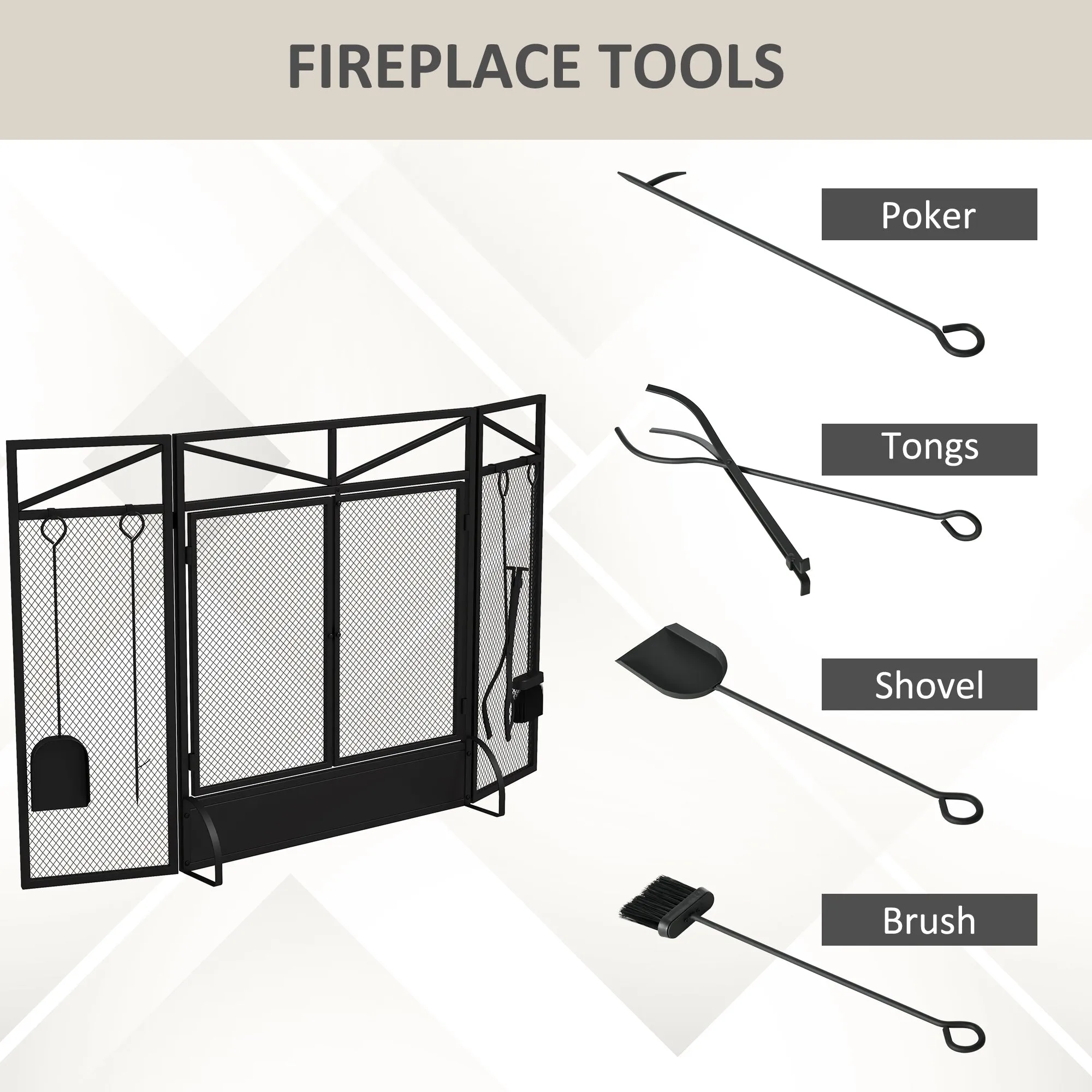 3 Panel Folding Fire Guard Screen w/ Fireplace Tool Sets, Front Doors, Freestanding Fire Screen Spark Guard w/ Feet, Black