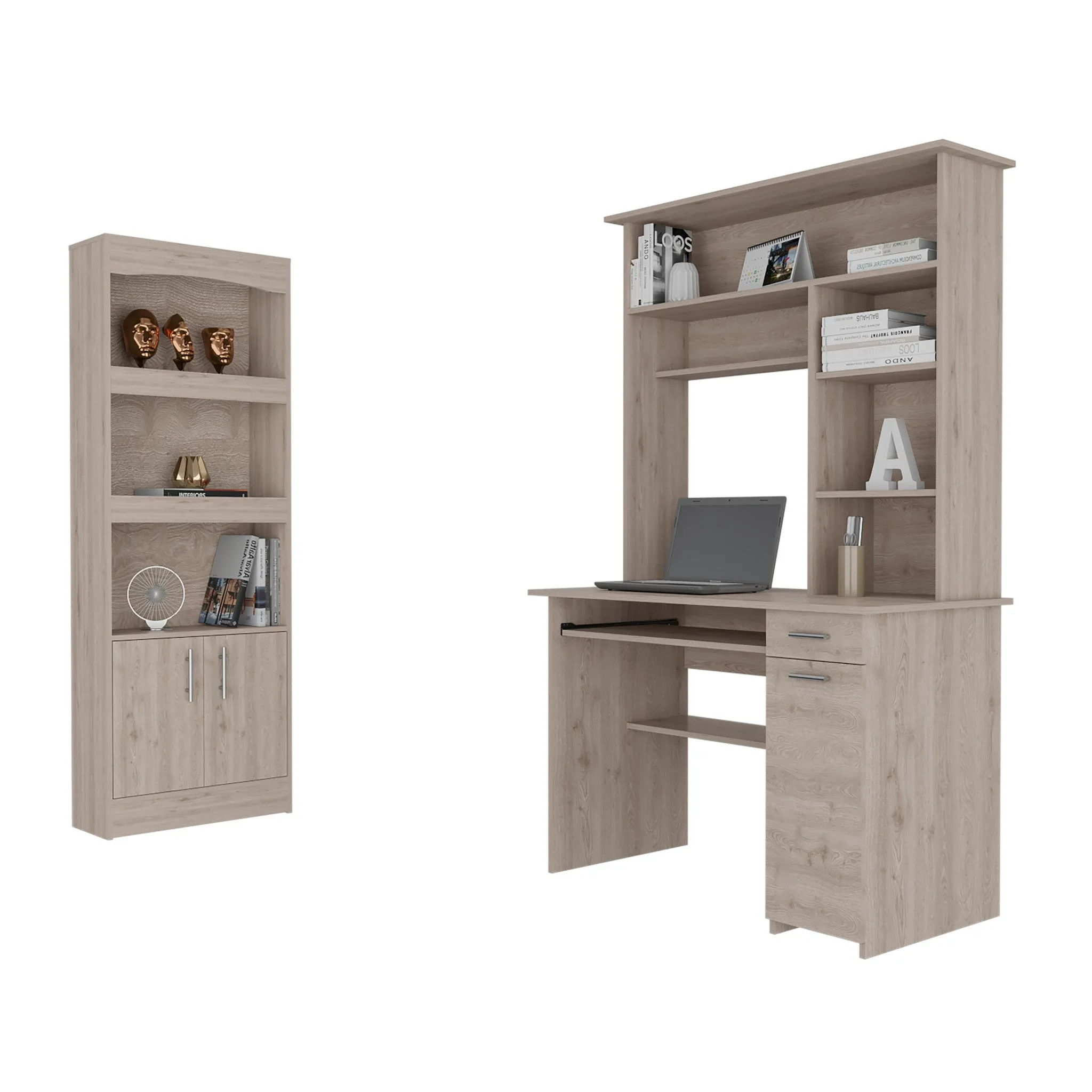 43" Light Gray Computer Desk With Hutch and Bookshelf Set