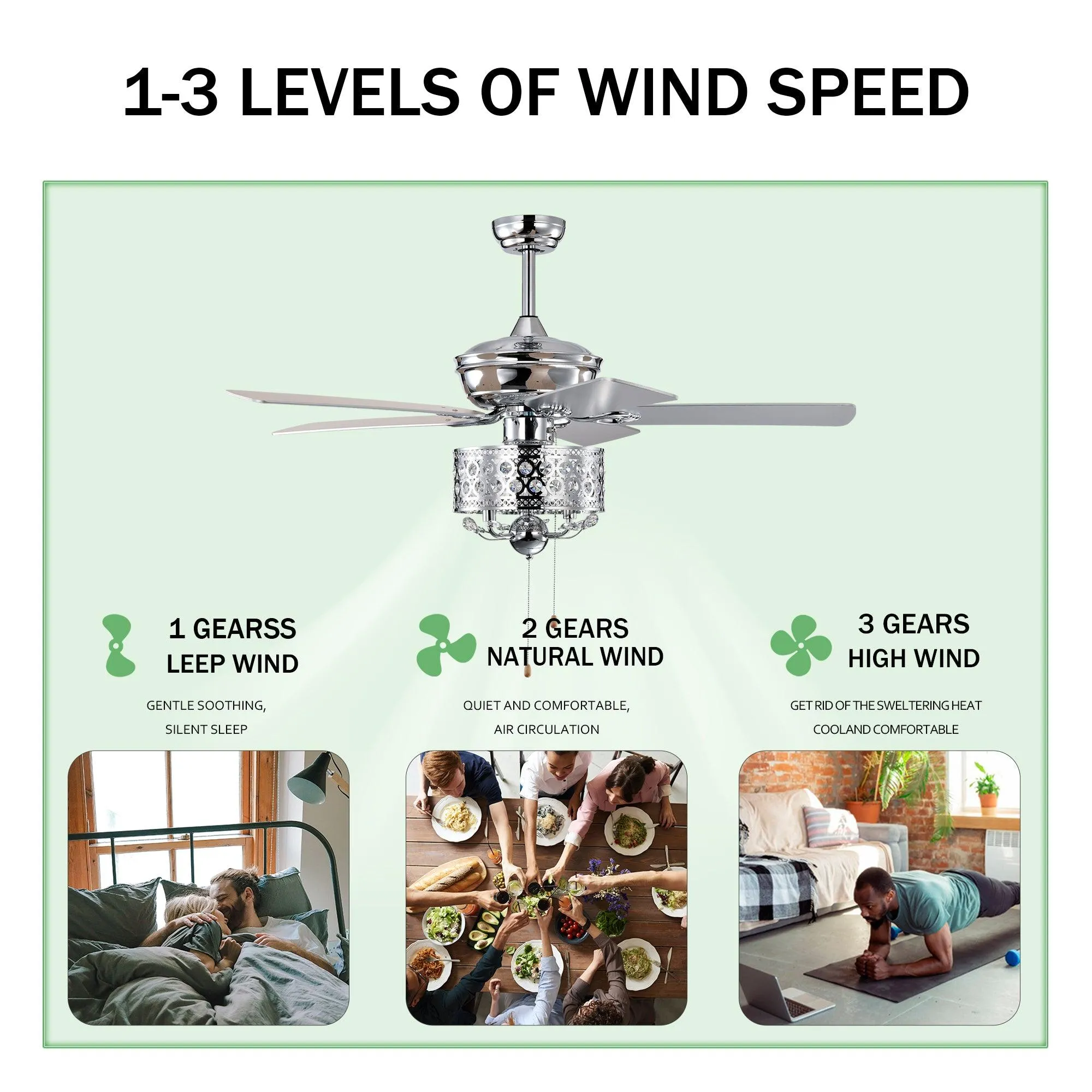 52-inch Indoor Ceiling Fan with Pull Chain,Reversible AC motors , Pull Chain--Chrome (No Include Bulb)