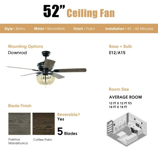 52 Inch Retro Ceiling Fan Light with Reversible Blades Remote Control-Black