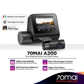 70mai A200 Dash Cam Dual Channel (Front   Rear) 1080p Full HD  HDR Support 24Hours Parking Surveillance & Apps Control