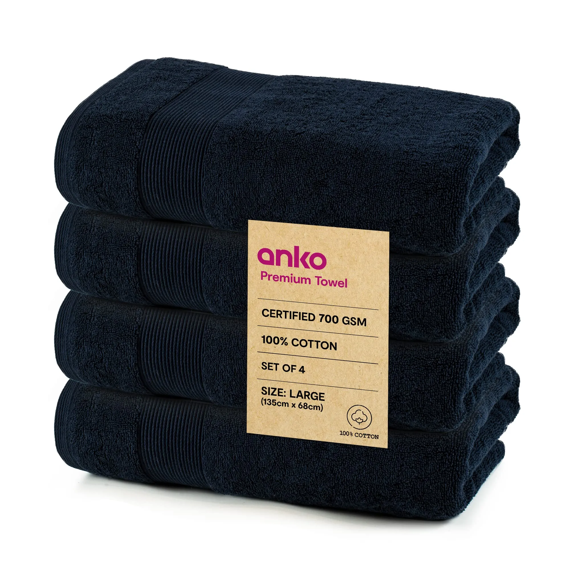 Anko Australia 100% Cotton 700 GSM Large Plush Bath Towel | Set of 4 | Super-Soft, Absorbent, Quick-Drying | Navy Blue Towel for Men, Women & Kids | 135x68 cm |Travel, Gym, Spa Towel