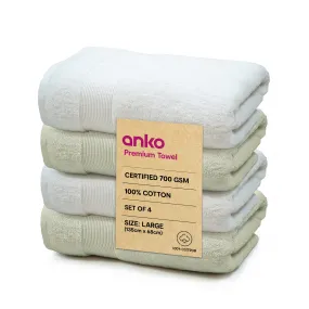 Anko Australia 100% Cotton 700 GSM Large Plush Bath Towel | Set of 4 | Super-Soft, Absorbent, Quick-Drying | White & Moss Green Towel for Men, Women & Kids | 135x68 cm |Travel, Gym, Spa Towel