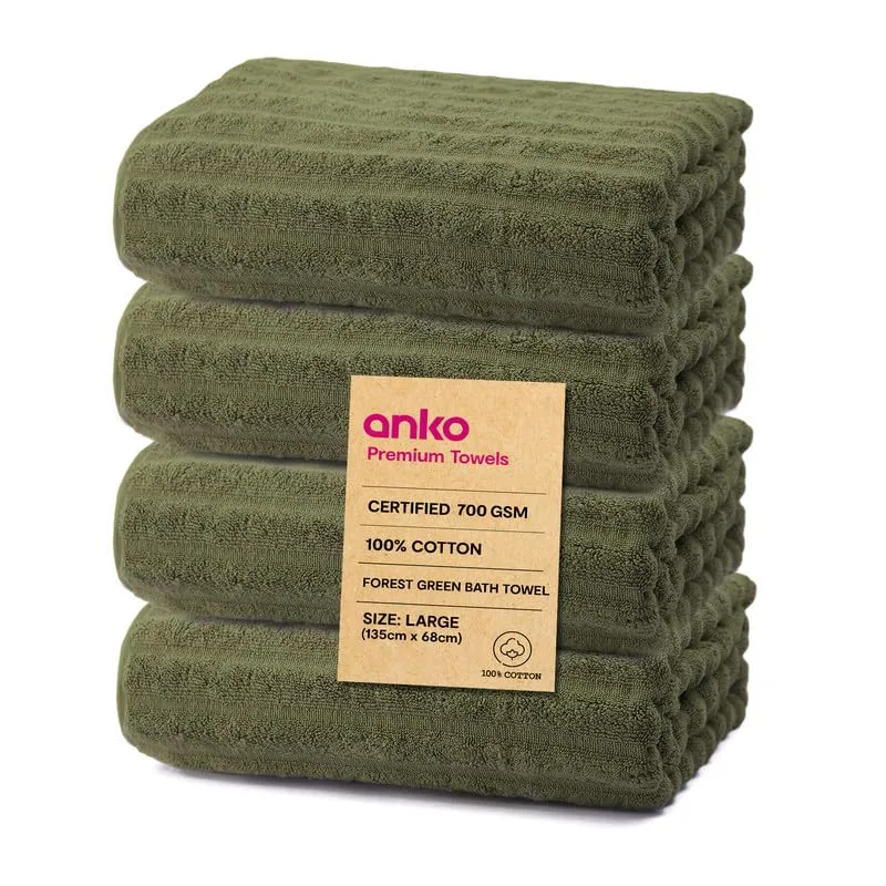 Anko Australia 100% Cotton 700 GSM Large Ribbed Bath Towel | Set of 4 | Super-Soft, Absorbent, Quick-Drying | Olive Green Towel for Men, Women & Kids | 135x68 cm |Travel, Gym, Spa Towel