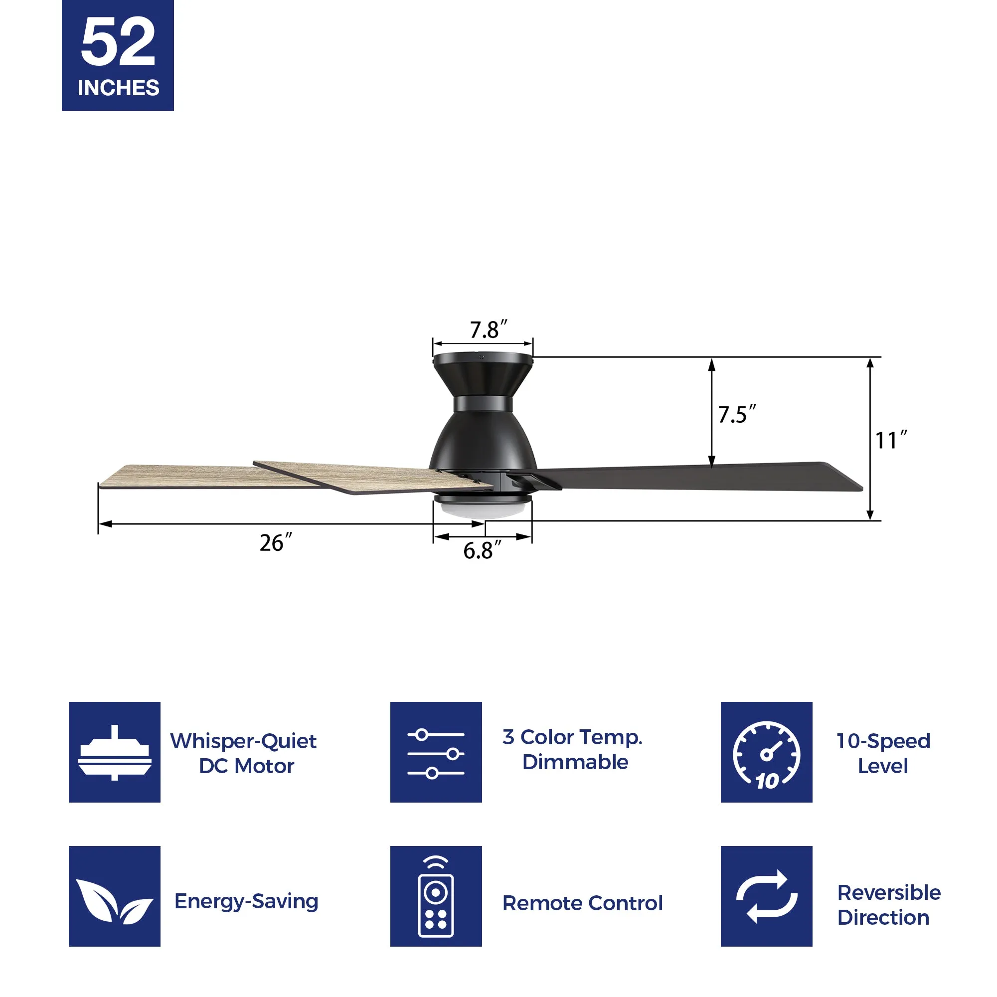 Armoy Low Profile Ceiling Fan with LED Light and Remote 52 inch