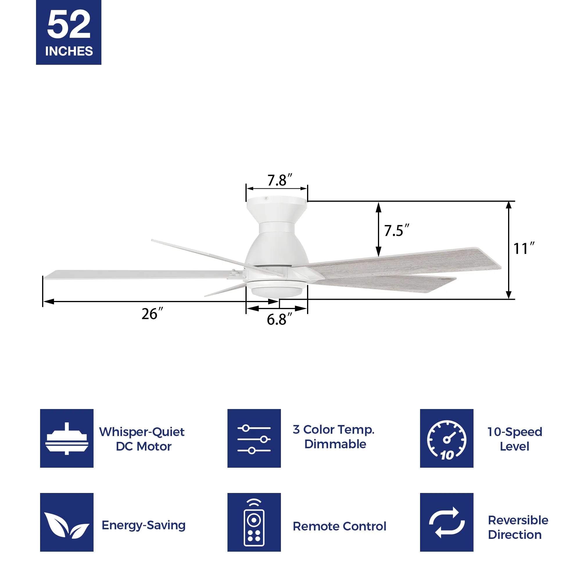 Armoy Low Profile Ceiling Fan with LED Light and Remote 52 inch