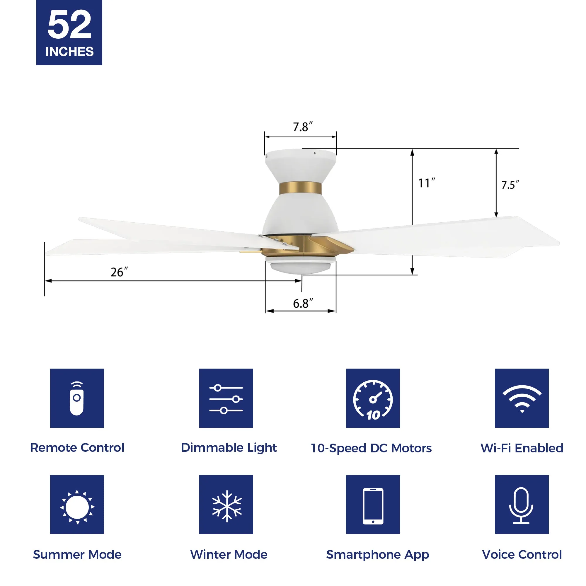 Aspen Ⅱ Low Profile Outdoor/Indoor Smart Ceiling Fan with LED Light 52”