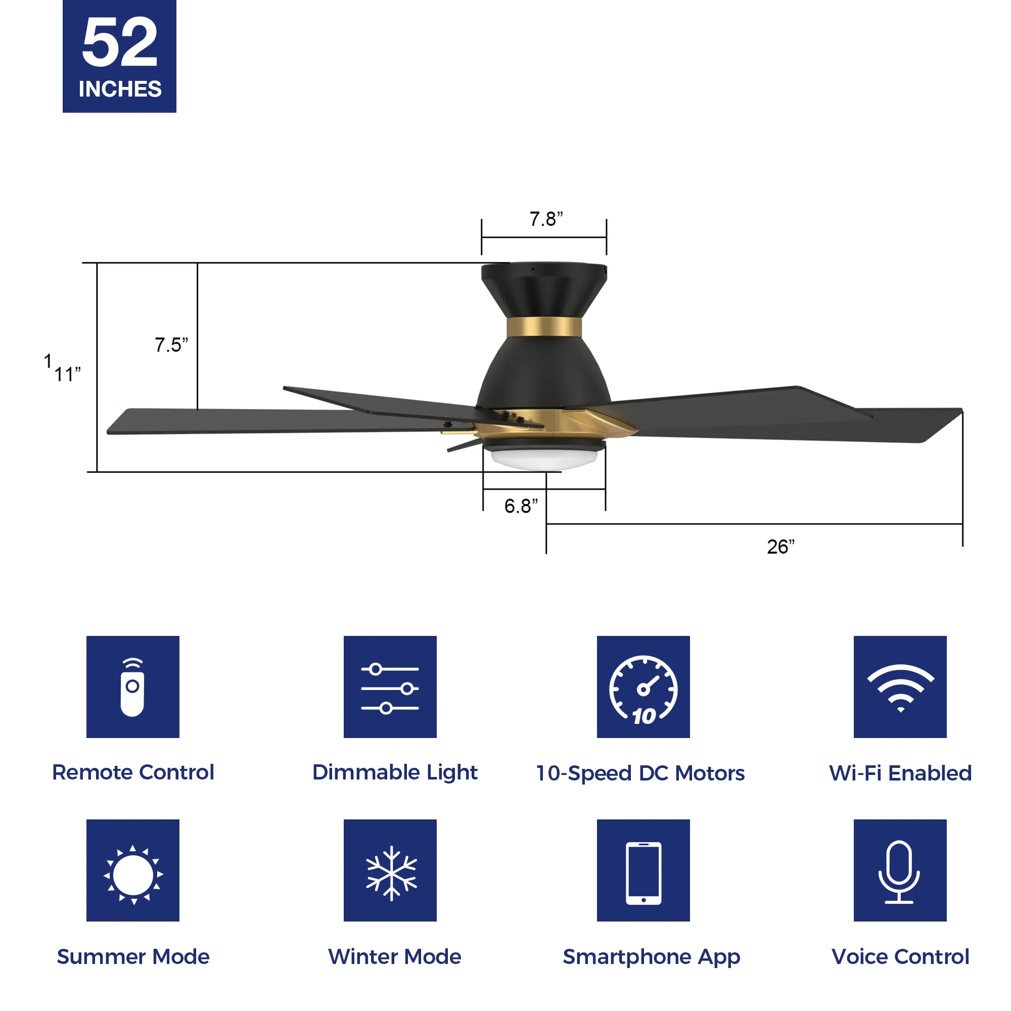 Aspen Ⅱ Low Profile Outdoor/Indoor Smart Ceiling Fan with LED Light 52”