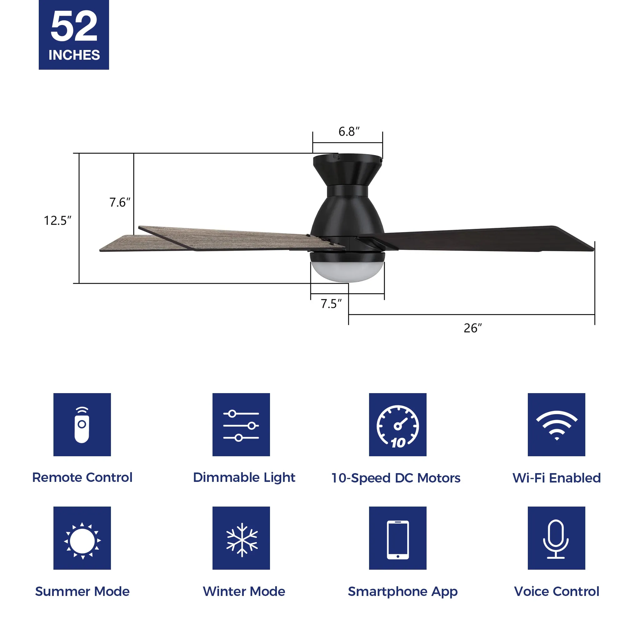 Aspen Ⅱ Low Profile Outdoor/Indoor Smart Ceiling Fan with LED Light 52”