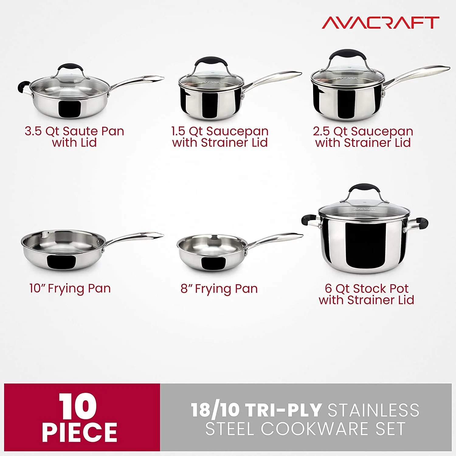 AVACRAFT 18/10 Stainless Steel Premium Multiclad Pots and Pans Set, 10-Piece Cookware Set