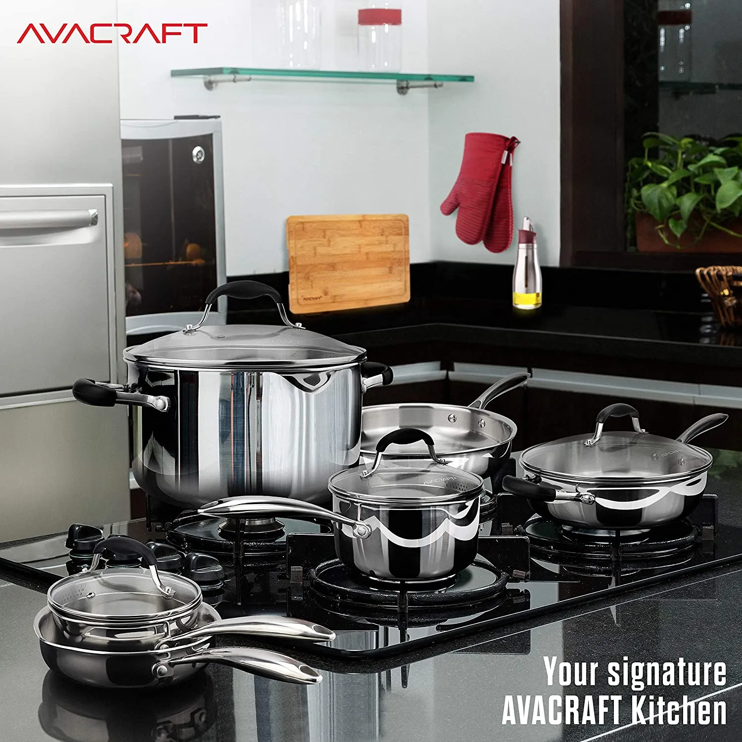 AVACRAFT 18/10 Stainless Steel Premium Multiclad Pots and Pans Set, 10-Piece Cookware Set