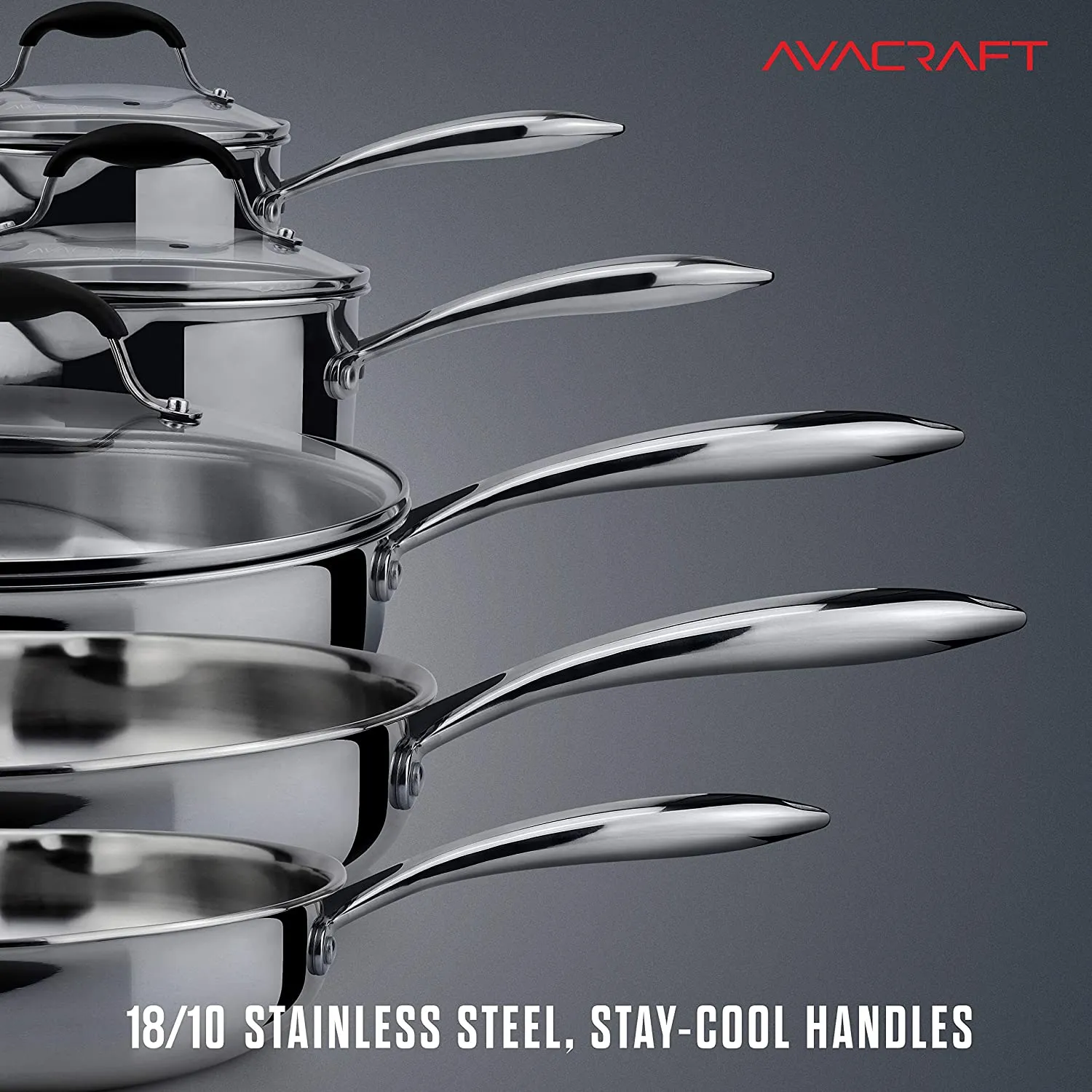 AVACRAFT 18/10 Stainless Steel Premium Multiclad Pots and Pans Set, 10-Piece Cookware Set