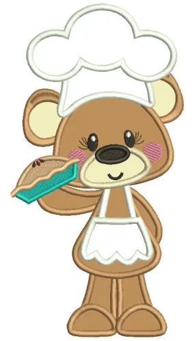 Bear Cook Holding a Pie Applique Machine Embroidery Digitized Design Pattern