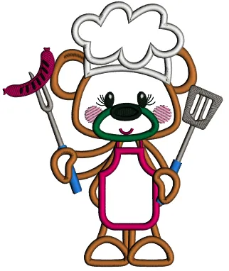 Bear Cook Holding a Sausage Applique Machine Embroidery Design Digitized Pattern