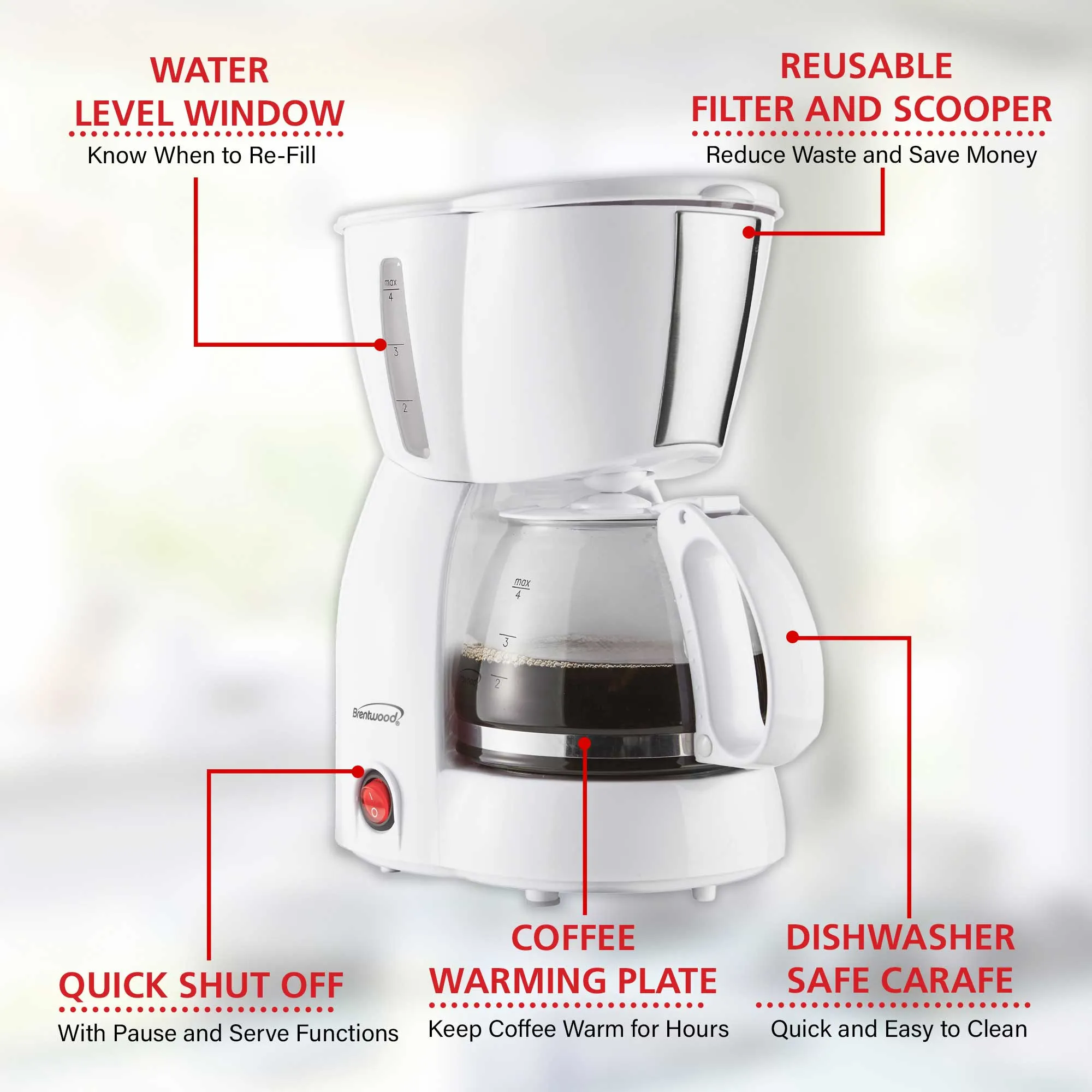 Brentwood TS-213W 4 Cup Coffee Maker, White