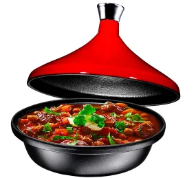 Bruntmor Fire Red Cast Iron Moroccan Tagine 4-Quart Cooking Pot with Silver knob, Enameled