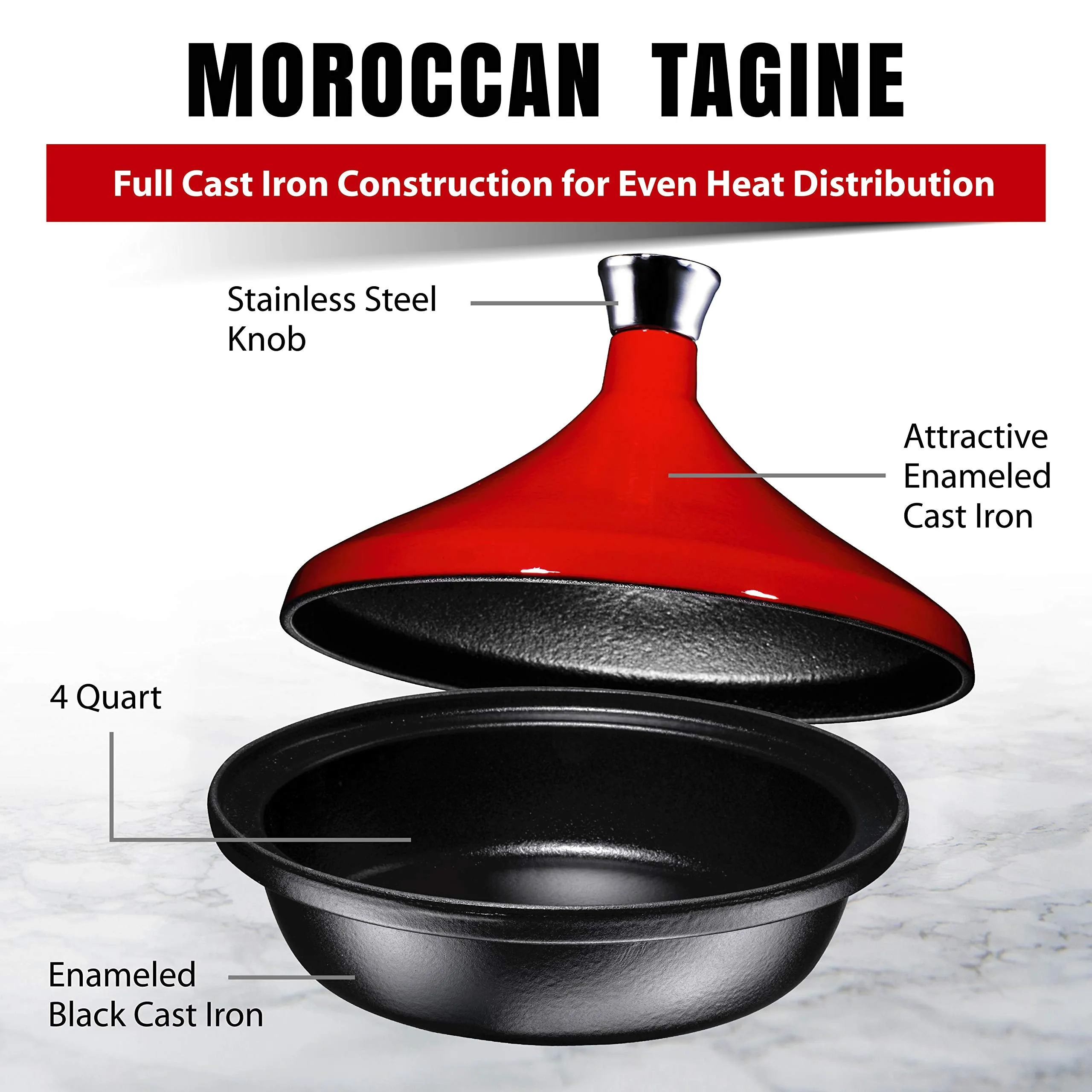 Bruntmor Fire Red Cast Iron Moroccan Tagine 4-Quart Cooking Pot with Silver knob, Enameled