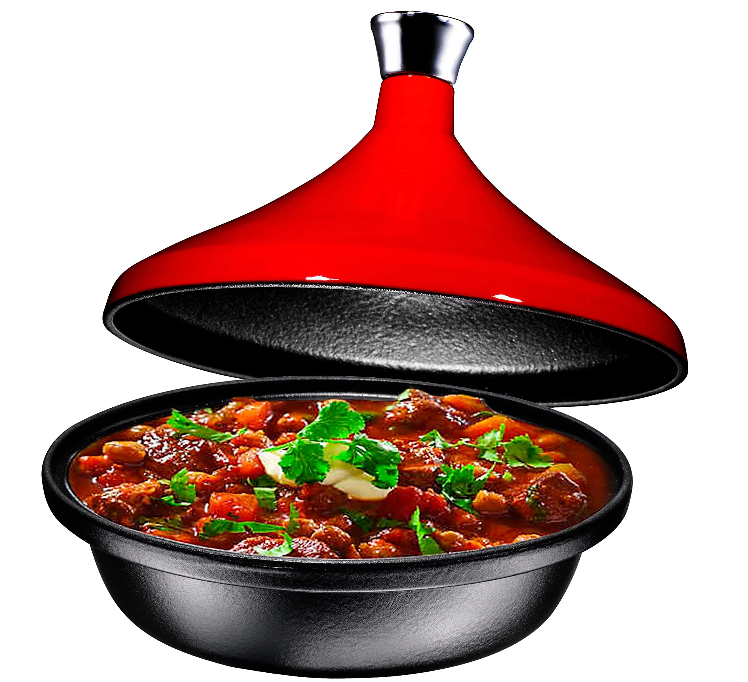 Bruntmor Fire Red Cast Iron Moroccan Tagine 4-Quart Cooking Pot with Silver knob, Enameled