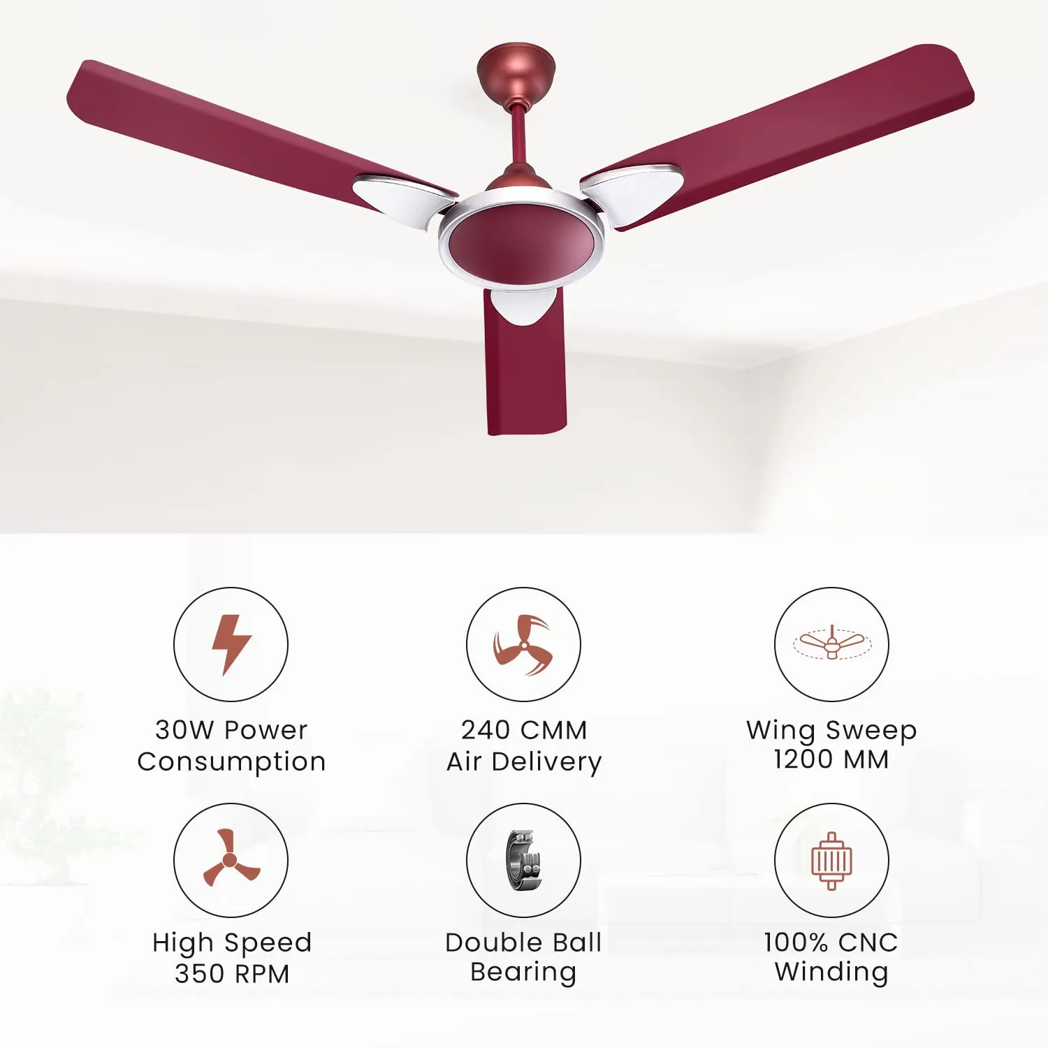 Candes Eco Zest Energy saving Designer 1200 mm / 48 inch Anti-Rust BLDC Ceiling Fan With 2 Yrs. Warranty (Maroon)