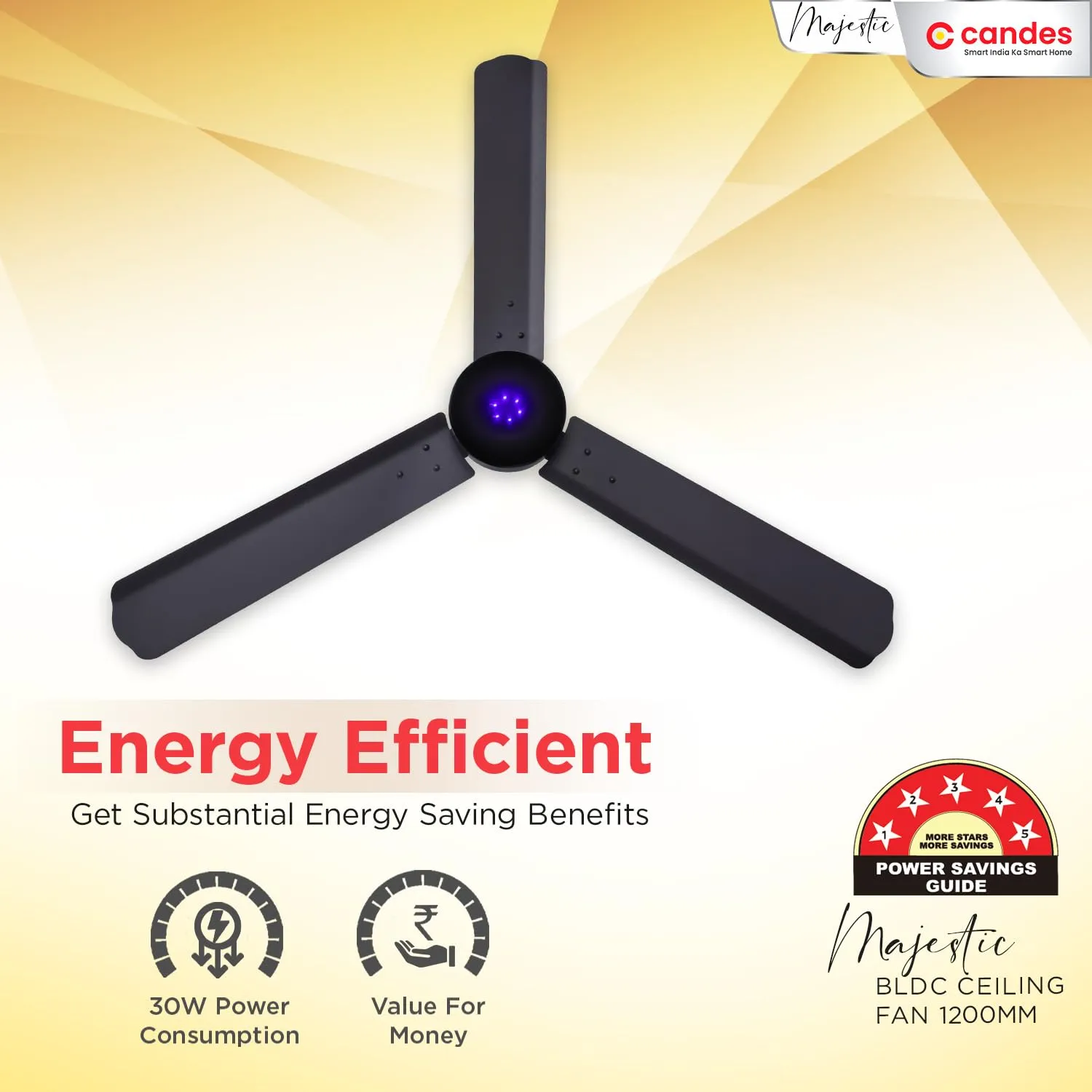 Candes Majestic BLDC LED Ceiling Fan 1200mm / 48 inch | BEE 5 Star Rated, Upto 65% Energy Saving, High Air Delivery & High Speed Ceiling Fans for Home | 2 1 Years Warranty (Black)