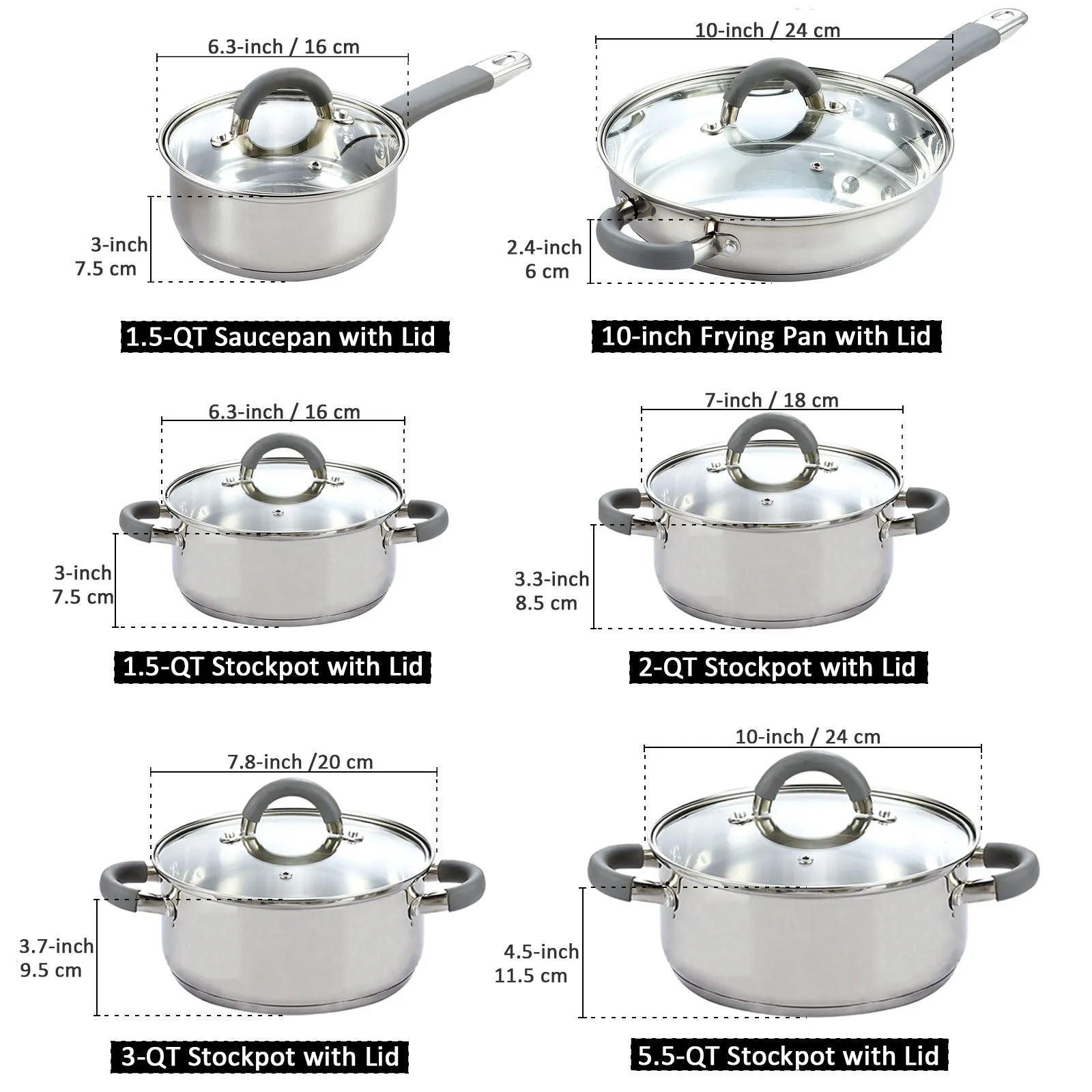 Cook N Home Cookware Sets 12-Piece Basics Stainless Steel Pots and Pans with Grey Silicone Handles, Silver