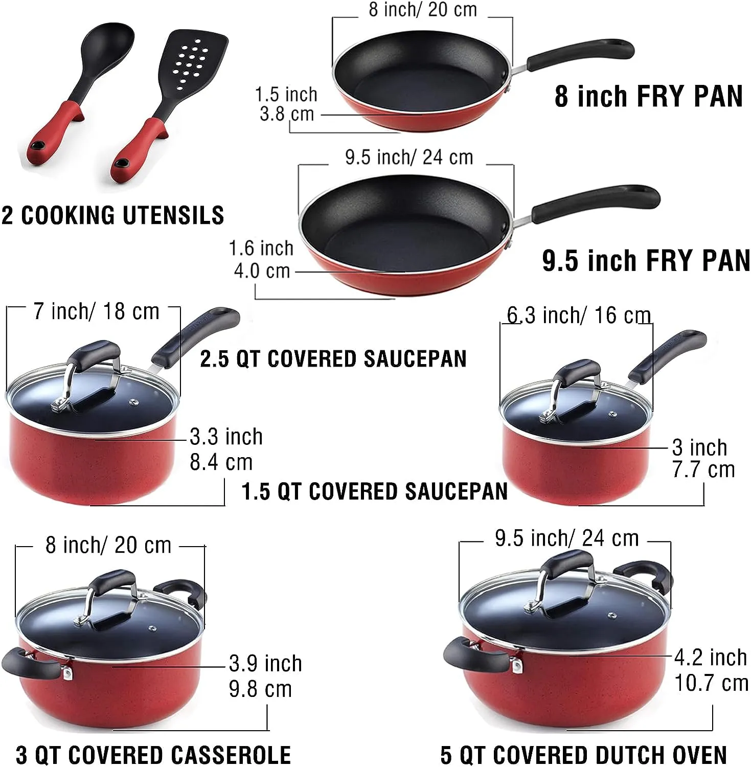 Cook N Home Pots and Pans Nonstick Cookware Set 12-Piece, Kitchen Cooking Set with Frying Pans and Saucepans, Induction Compatible, Marble Red