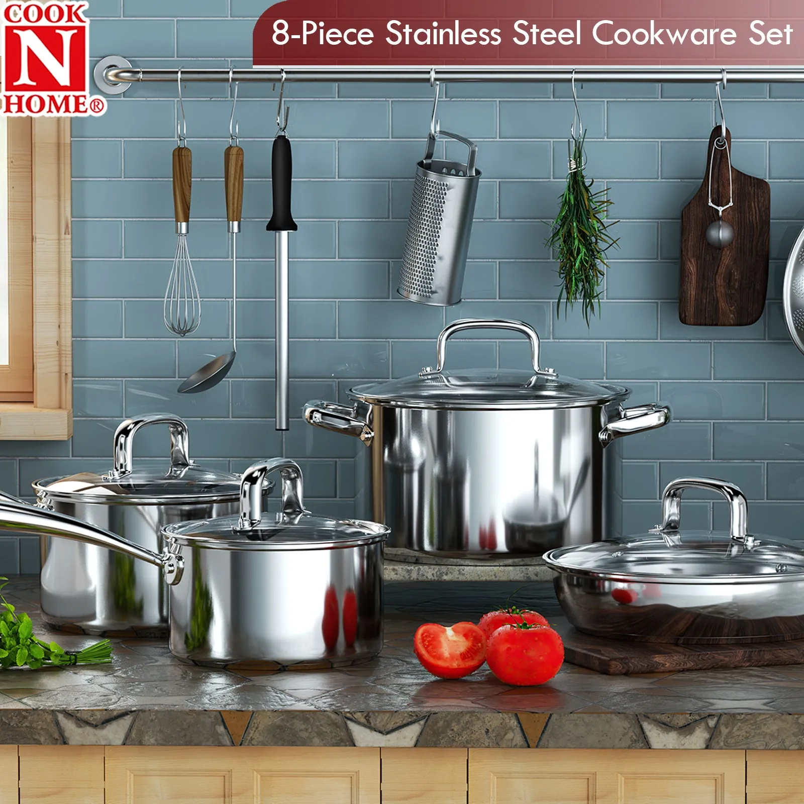 Cook N Home Pots and Pans Set Induction Kitchen Cookware Set Classic Stainless Steel 8-Piece Cooking Set , Silver