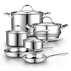 Cooks Standard Stainless Steel Kitchen Cookware Sets 10-Piece, Multi-Ply Full Clad Pots and Pans Cooking Set with Stay-Cool Handles, Dishwasher Safe, Oven Safe 500°F, Silver