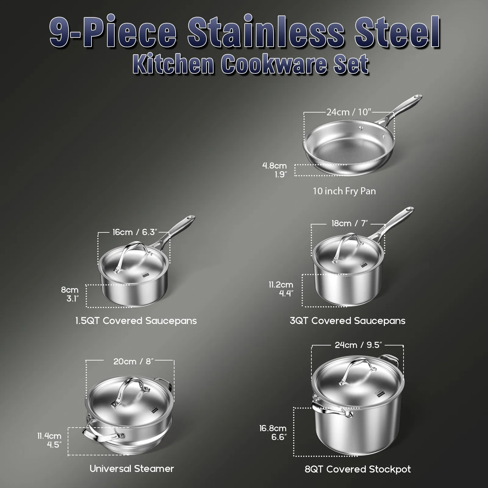 Cooks Standard Stainless Steel Kitchen Cookware Sets 9-Piece, Multi-Ply Full Clad Pots and Pans Cooking Set with Stay-Cool Handles, Dishwasher Safe, Oven Safe 500° F