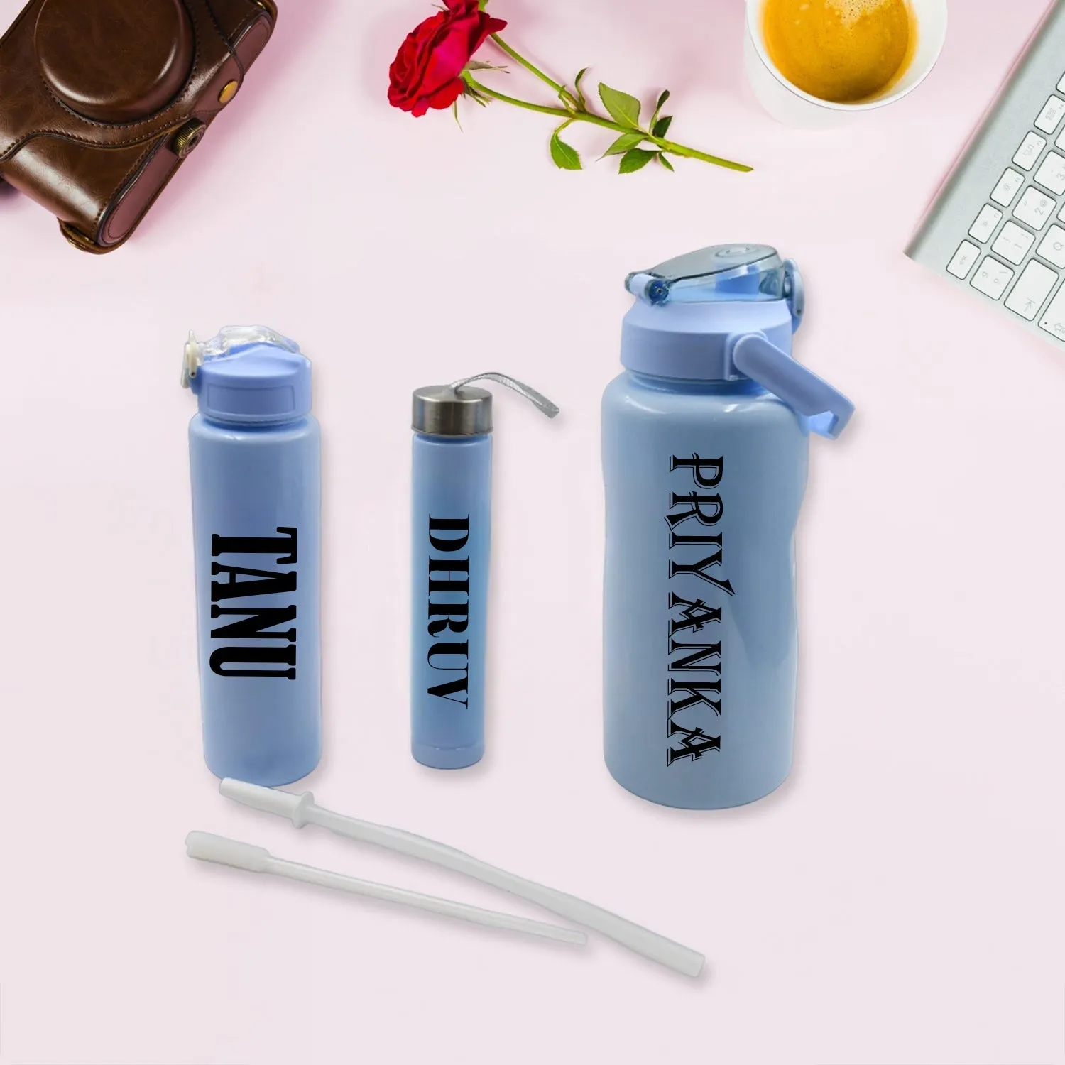 Customize Plastic Water Bottle 3pc Set,3  Different Size Bottle High Quality Water Bottle Plastic Water Bottle BPA-Free & Leak-Proof!  Cartoon Printed Design for Kids' School, For Fridge, Office, Sports, School, Gym, Yoga (3 Pc Set)