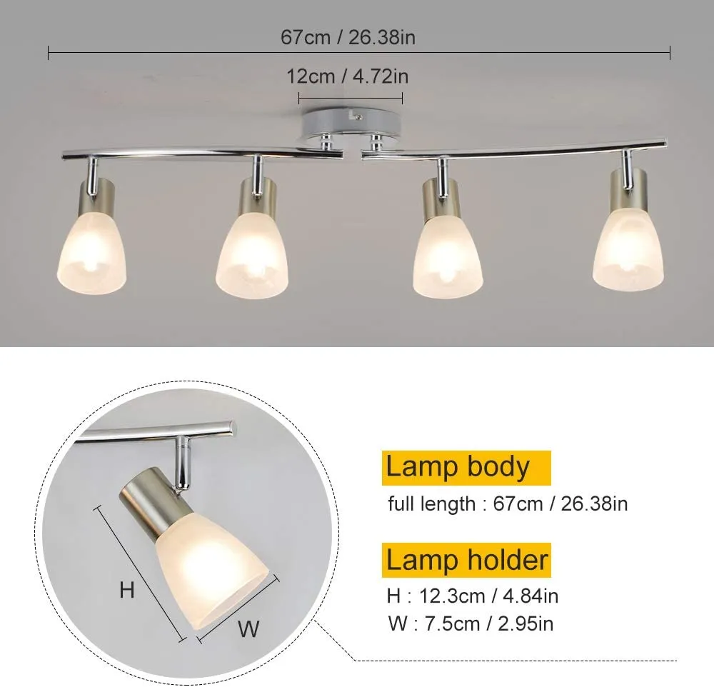 Depuley 4 Way Rotatable LED Ceiling Light, Adjustable Swiveling Spot Bar, Kitchen Ceiling Spotlight with Patterned Glass Lampshade, Ideal for Kitchen, Living Room, Bedroom (No Bulbs)