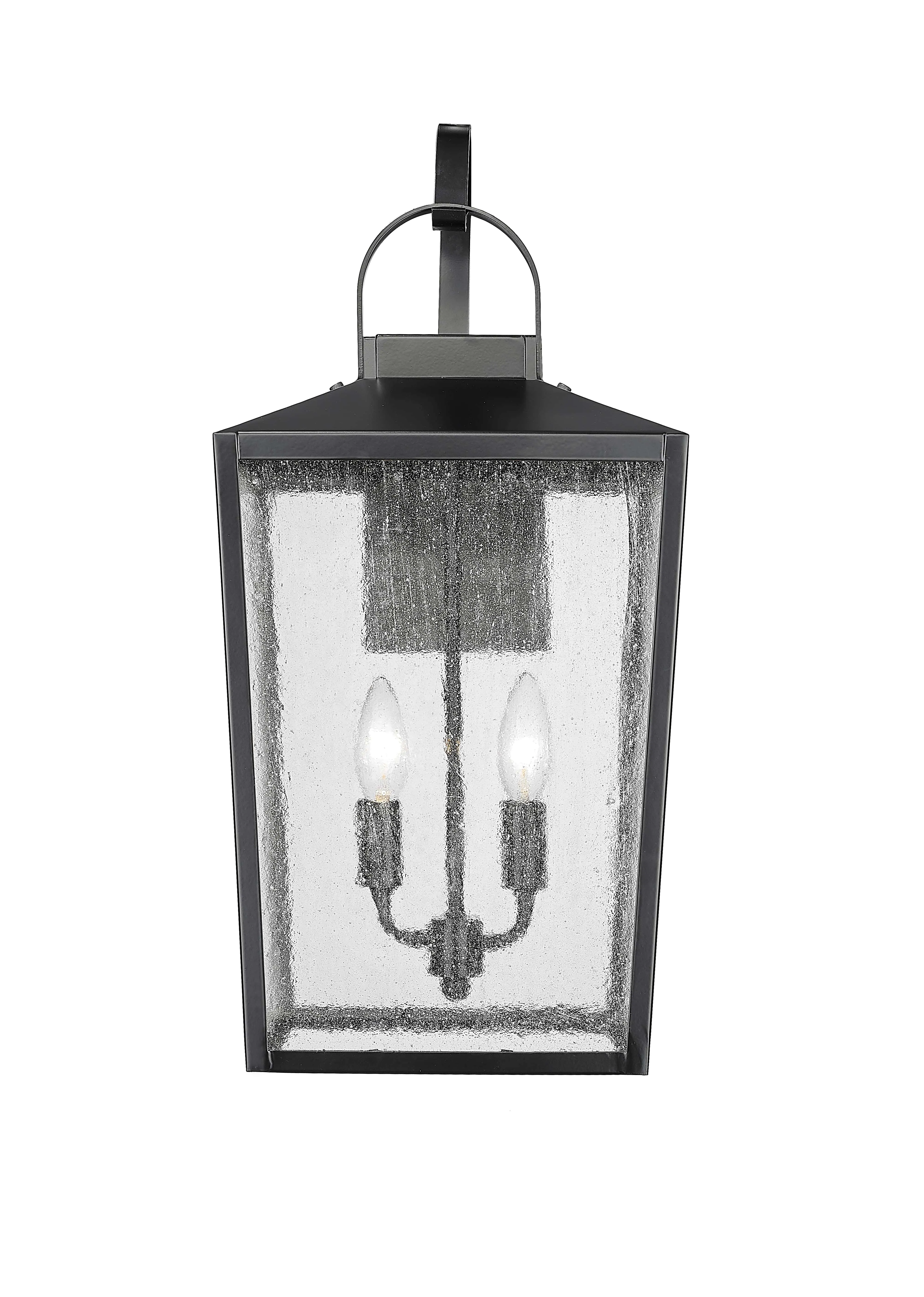 Devens Outdoor Wall Sconce - Powder Coated Black - Clear Seeded Glass - 12in. Extension - E26 Candelabra Base