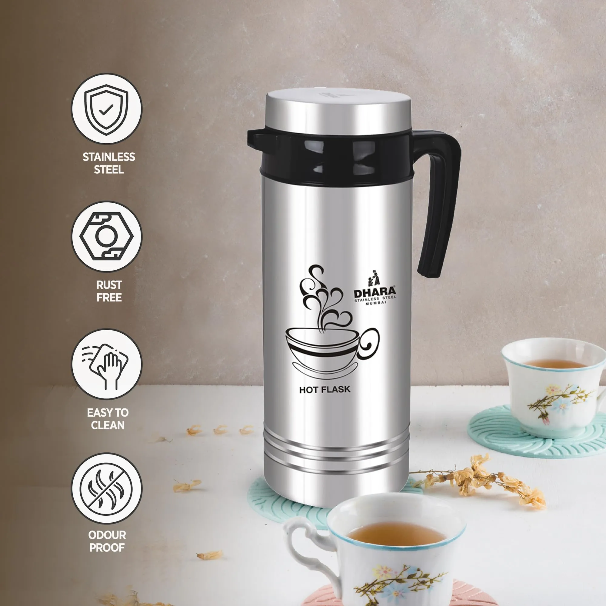 Dhara Stainless Steel Tea Star Insulated Thermosteel Carafe 1500 ml | Long Hours Hot or Cold | Thermos Flask for Tea and Coffee | Hot Water Dispenser | Double Wall Insulated Flask