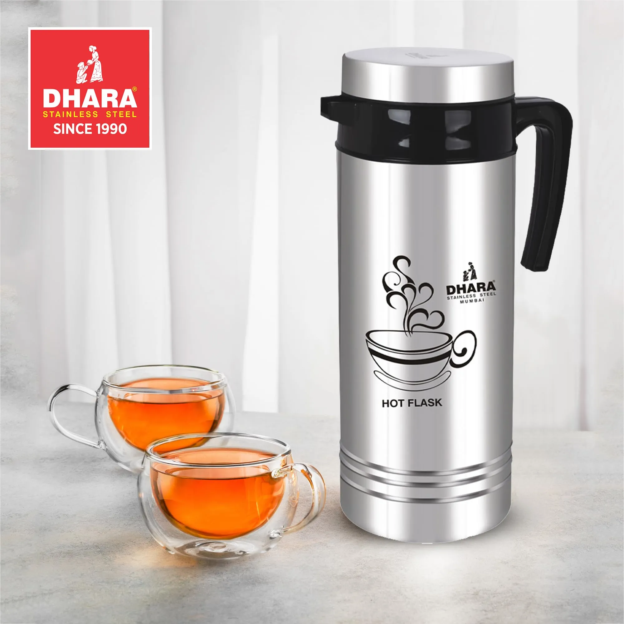 Dhara Stainless Steel Tea Star Insulated Thermosteel Carafe 1500 ml | Long Hours Hot or Cold | Thermos Flask for Tea and Coffee | Hot Water Dispenser | Double Wall Insulated Flask