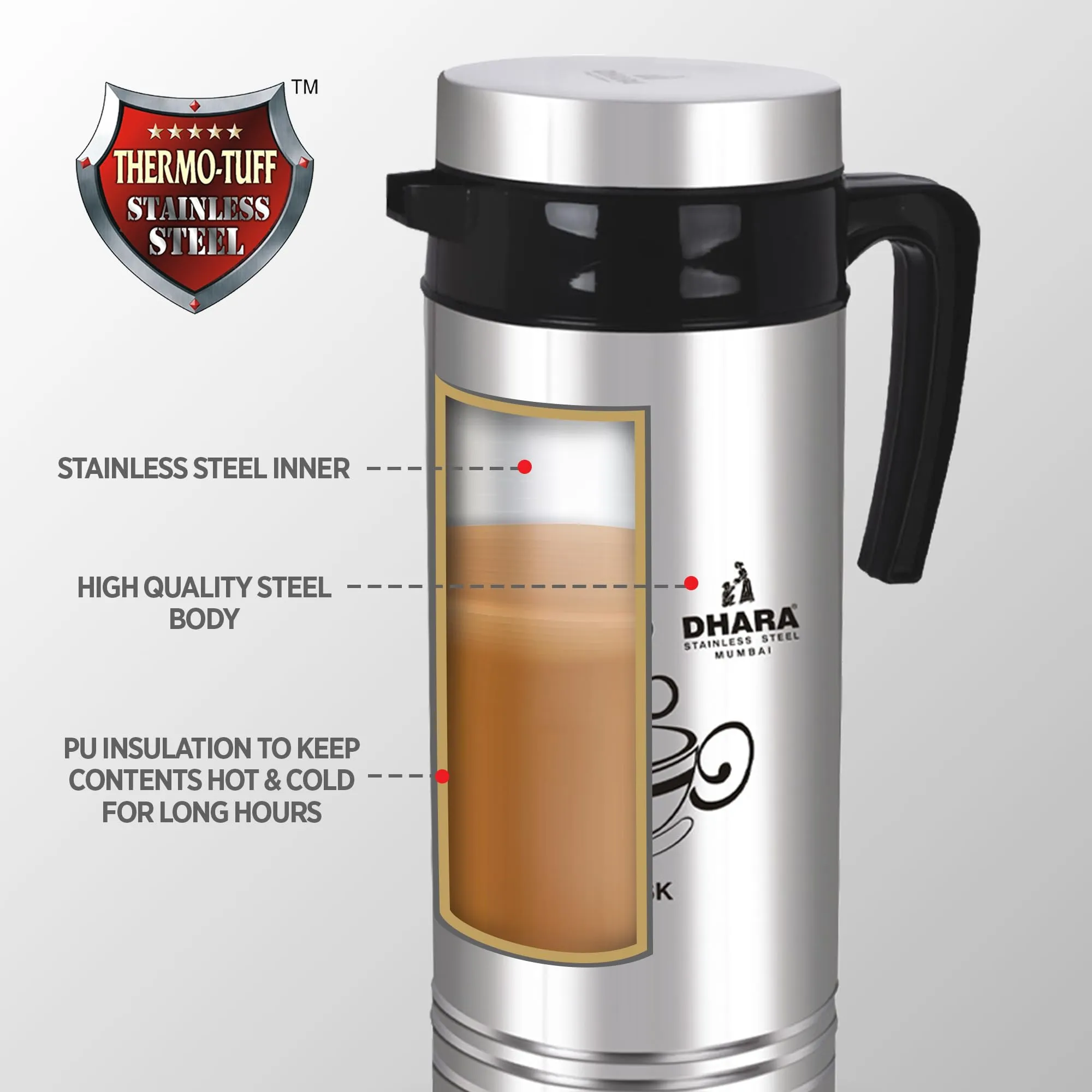 Dhara Stainless Steel Tea Star Insulated Thermosteel Carafe 1500 ml | Long Hours Hot or Cold | Thermos Flask for Tea and Coffee | Hot Water Dispenser | Double Wall Insulated Flask