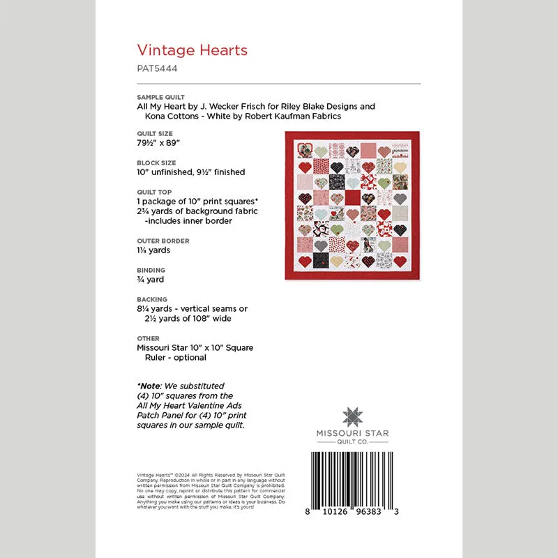 Digital Download - Vintage Hearts Quilt Pattern by Missouri Star