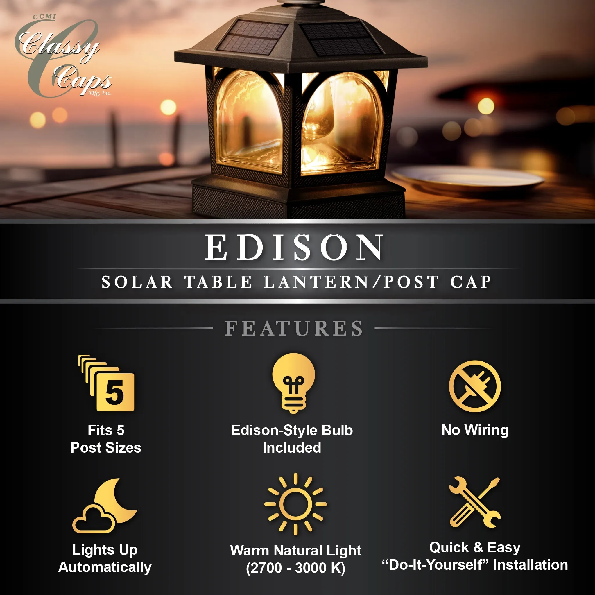 Edison Solar Table Lantern/Post Cap