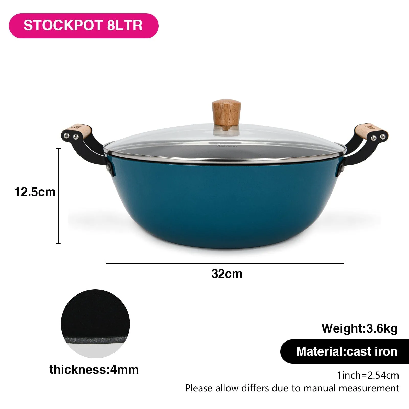 Fissman Stockpot Seagreen Series Series  With Glass Lid Enamelled Lightweight Cast Iron With Non-Stick Coating 32x125cm/8LTR