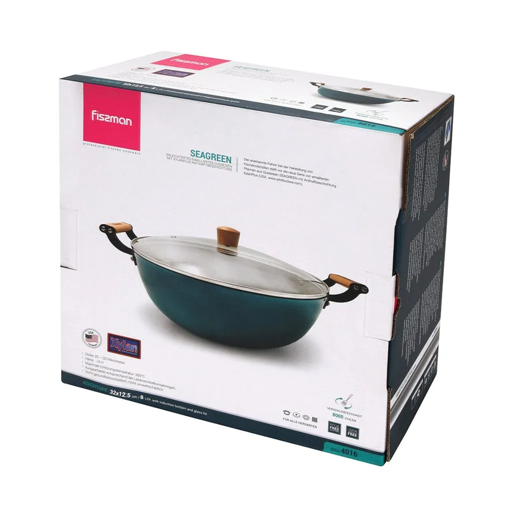 Fissman Stockpot Seagreen Series Series  With Glass Lid Enamelled Lightweight Cast Iron With Non-Stick Coating 32x125cm/8LTR