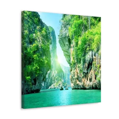 GADGETS WRAP Canvas Gallery Wrap Framed for Home Office Studio Living Room Decoration (10x10inch) - Waterfall Sea & Islands Scenery