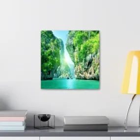 GADGETS WRAP Canvas Gallery Wrap Framed for Home Office Studio Living Room Decoration (10x10inch) - Waterfall Sea & Islands Scenery